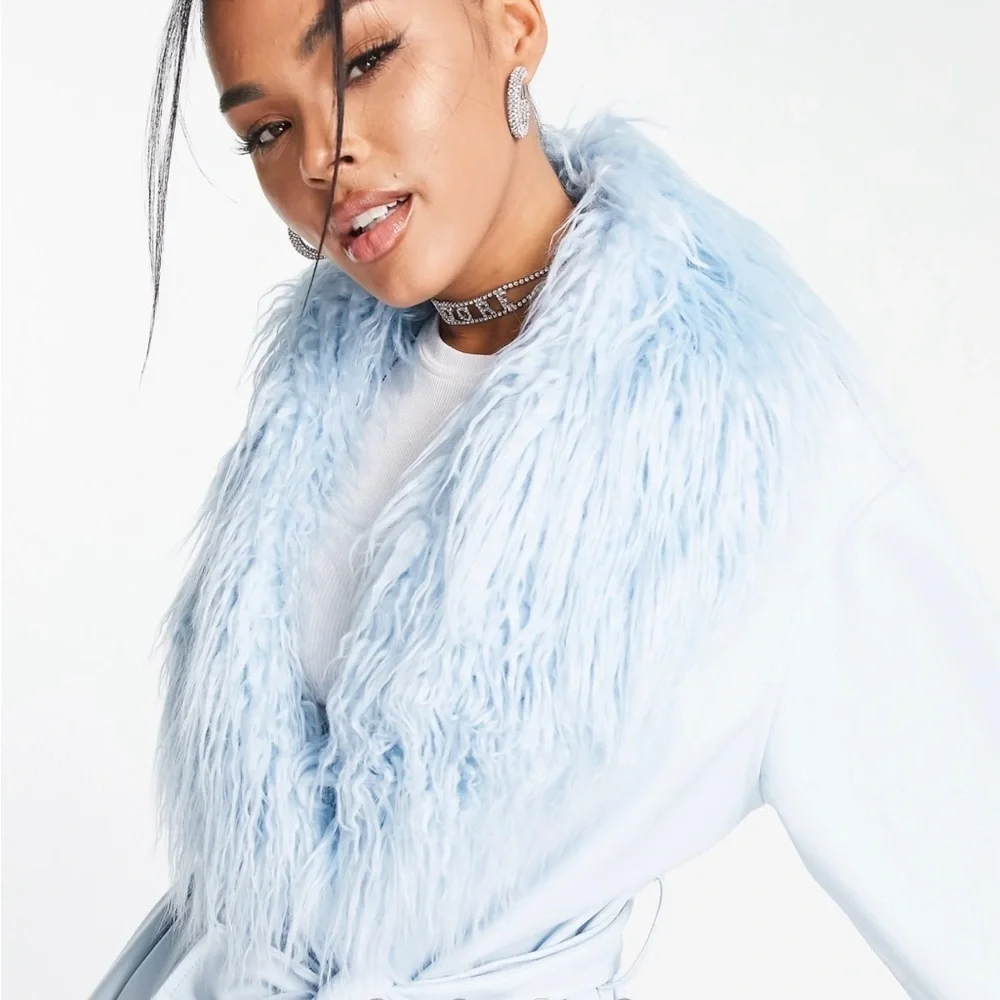 ASOS Sky Blue Leather Jacket with Plush Fur